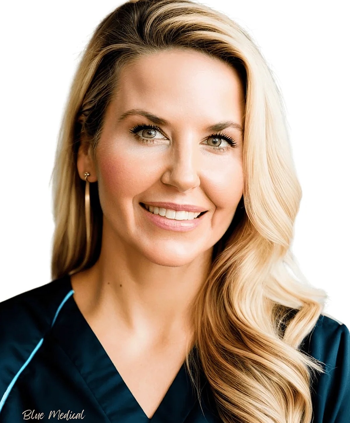 Smiling woman in medical scrubs portrait.