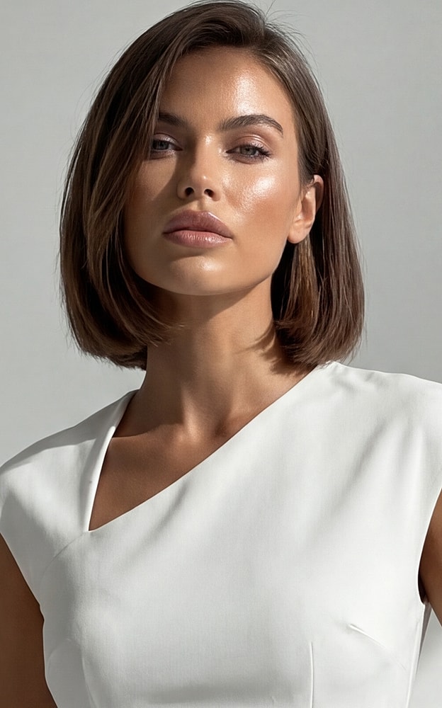 Woman with short hair in white dress.