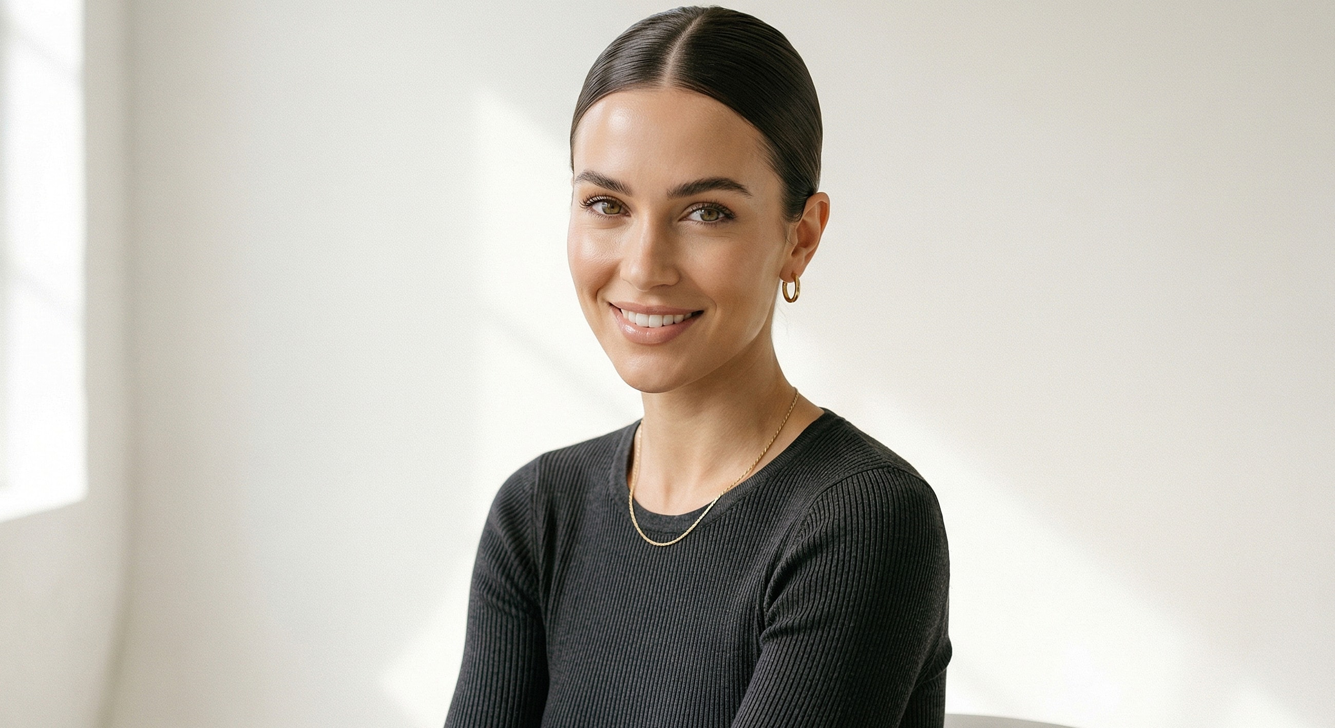 Smiling woman wearing black top and earrings.